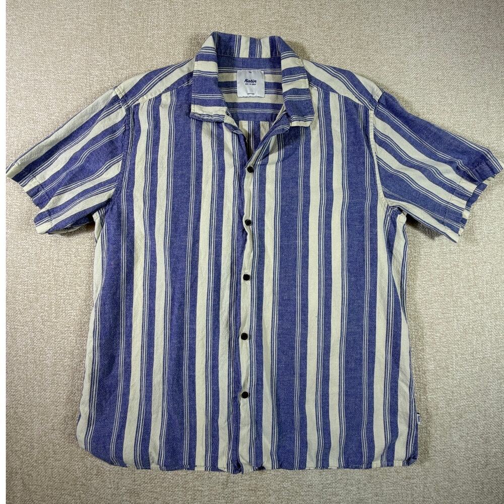 Katin Men M Blue White Stripe Linen Blend Short Sleeve Casual Beach Button Shirt